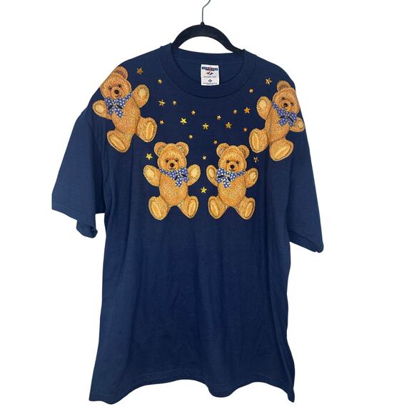 Jerzees Heavyweight T-Shirt Teddy Bear Vintage 90s Short Sleeve Size XL Navy - Picture 1 of 6